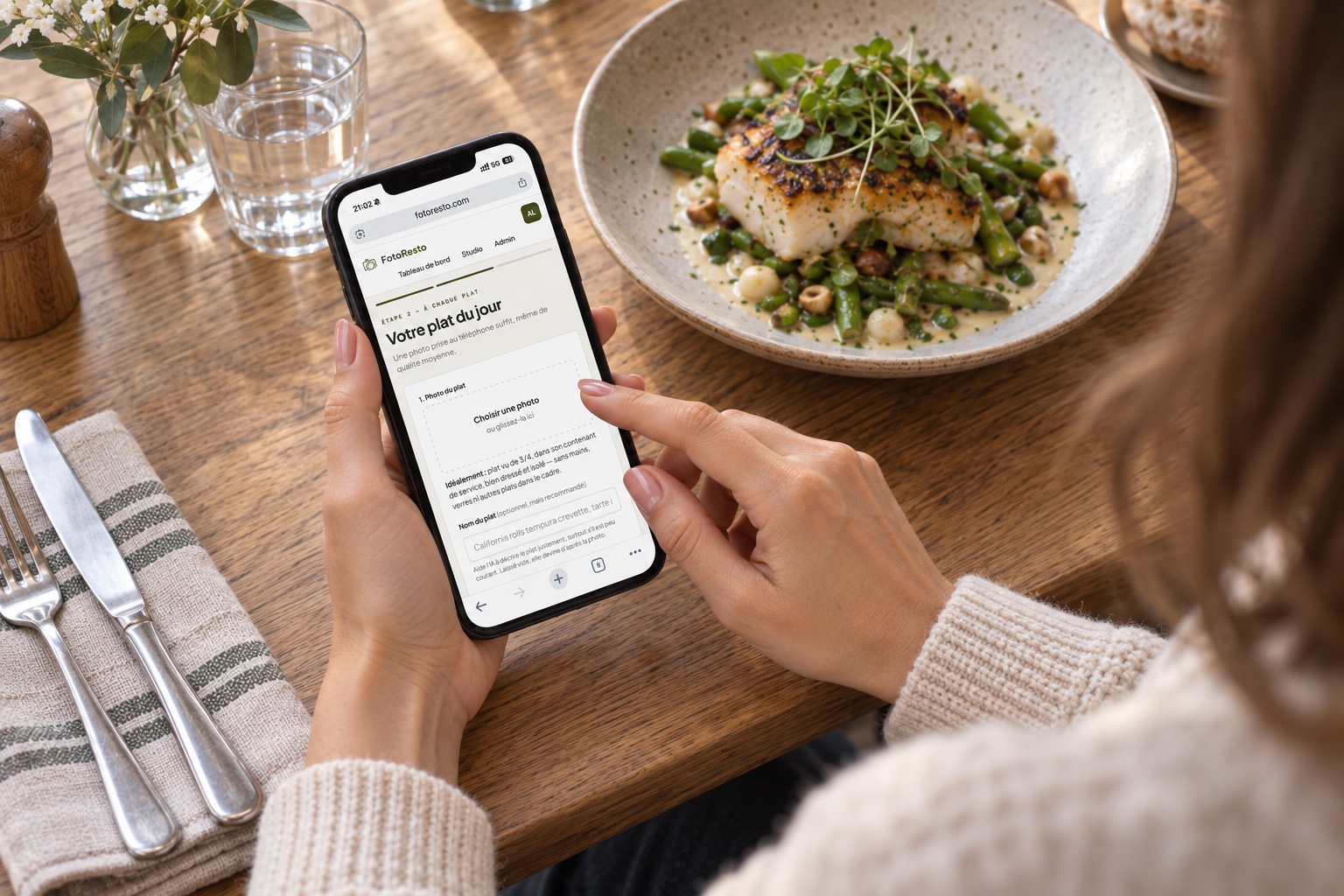 Une femme utilise FotoResto sur son téléphone au restaurant, vue par-dessus son épaule